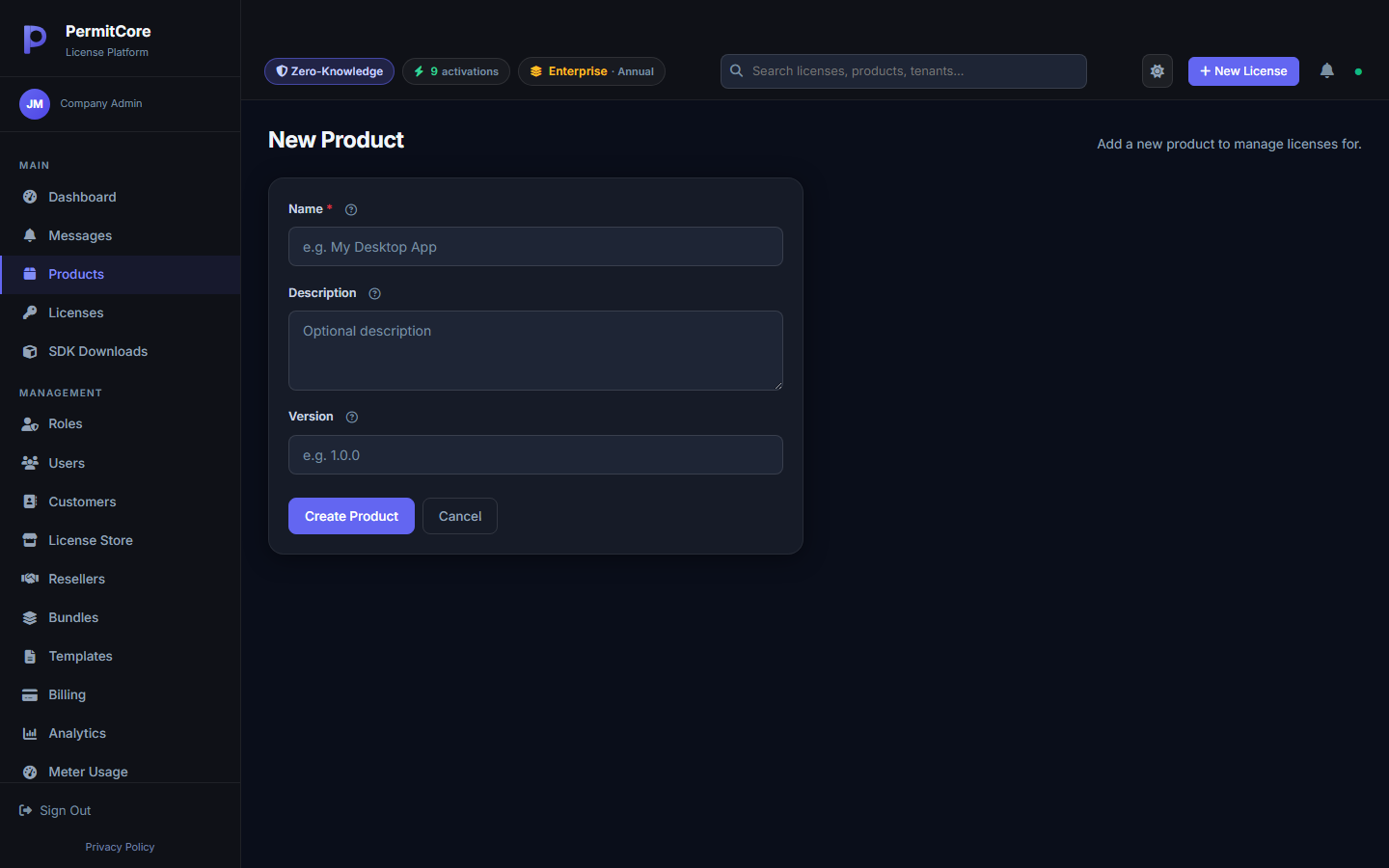 Creating a new product called PermitCore Tutorial Studio